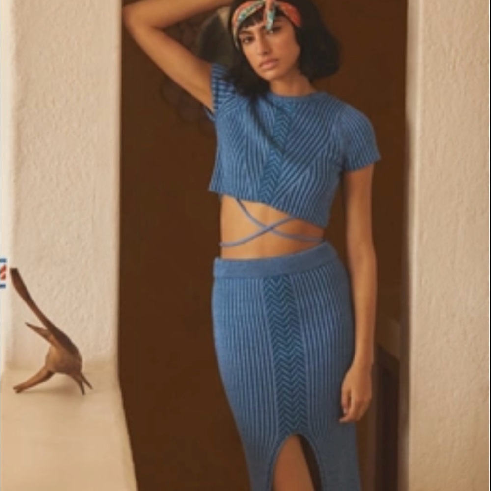 Anthropologie Blue Midi Knit Skirt Set
